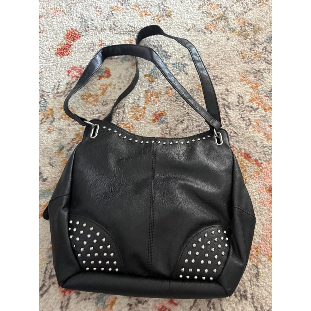 Y2k Black Faux Leather Studded Hobo Shoulder Bag Silver Hardware Slouchy Grunge